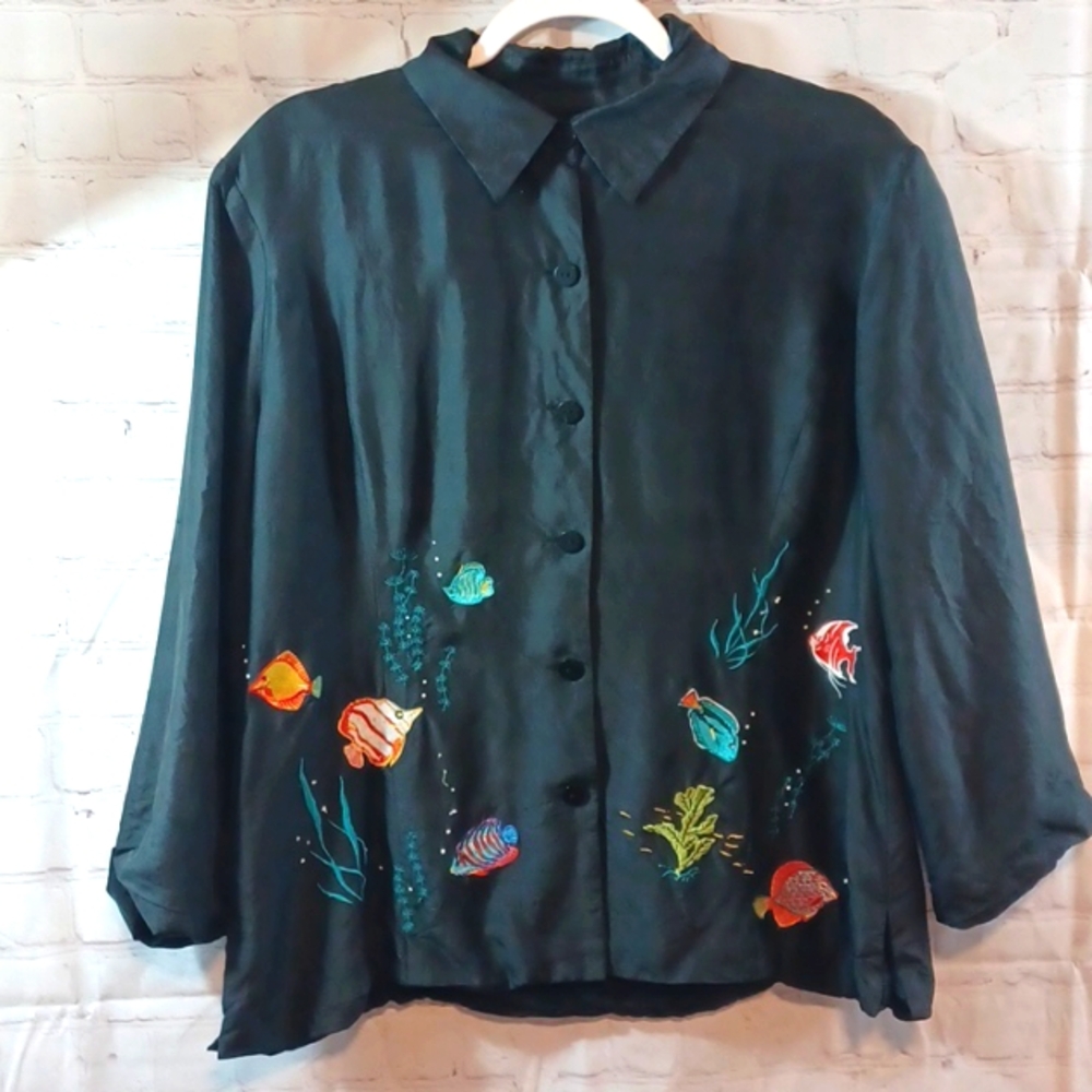 Y2K  Silkland     Black 100% Silk  Embroidery Tropical Fish  Blouse  sz 16